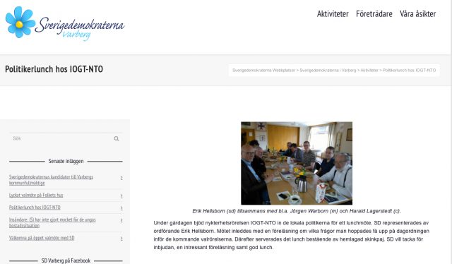 Politikerlunch i Varberg Foto: Skärmdump från sverigedemokraterna.se
