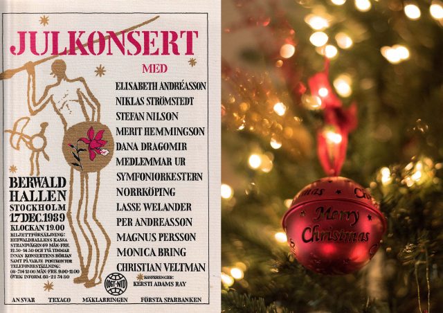 Foto av affisch med information om första julkonserten samt ett foto av julgranskula