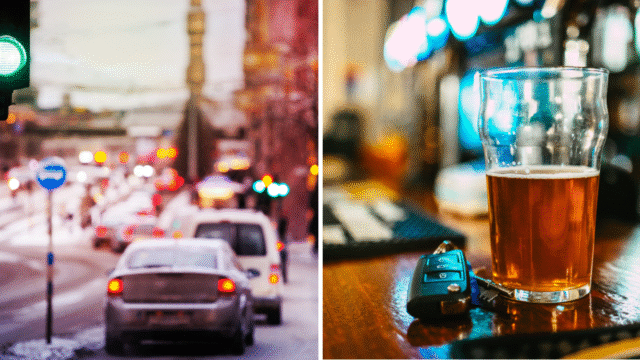 Delad bild på trafik och ölglas (collage) som symboliserar de nya reglerna för indragna körkort