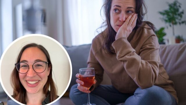 Stressad person med ett vinglas, samt porträtt på Olga Perski