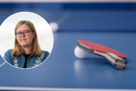 Pingisbord på fritidsgård samt porträttfoto på Astrid Miller, ungdomspolitisk talesperson för Movendi.
