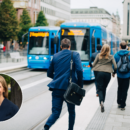 Personer som springer till spårvagnen